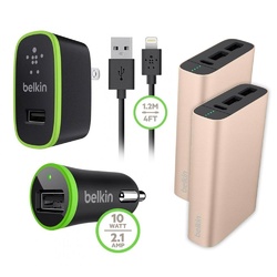 Belkin MIXIT Metallic Power Pack 6600 mAh Gold ( 2 Pack) + Car and Home Charger Kit + Lightning Cable
