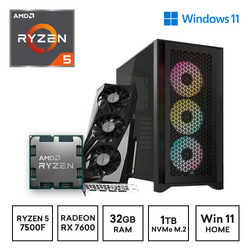 Gaming Express AMD R5 7500F RX 7600 1TB NVMe & 32GB DDR5 B650M Windows 11 RGB Gaming PC