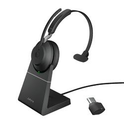 Jabra Evolve2 65 Link380c UC Black Bluetooth Wireless Monaural Headset with Black Desk Charging Stand
