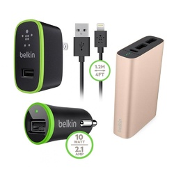 Belkin Car and Home Charger Kit + Lightning Cable + MIXIT Metallic Power Pack 6600 mAh Gold