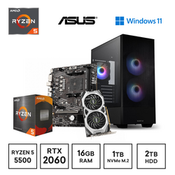 Gaming Express AMD Ryzen 5 5500 RTX2060 16GB Ram 1TB NVMe SSD 2TB HDD Win11 Home B550M Gaming PC