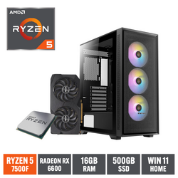 Gaming Express AMD R5 7500F RX 6600 500GB NVMe & 16GB DDR5 A620 Windows 11 RGB Gaming PC