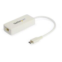 StarTech White USB-C to Gigabit Ethernet Adapter with extra USB-A Port