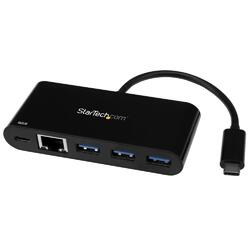 StarTech Black USB-C to Gigabit Ethernet Adapter with 3-Port USB-A Hub and Power Delivery